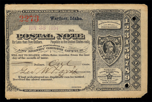 Postal Note Warder Idaho Front